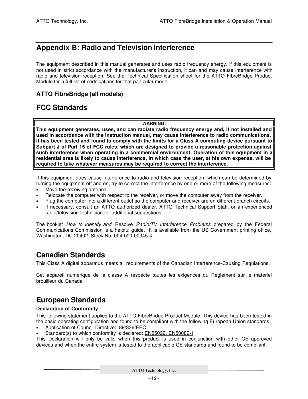 ATTO Technology 2200R/D, 3200R, 2100R manual Appendix B Radio and Television Interference, FCC Standards, Canadian Standards 