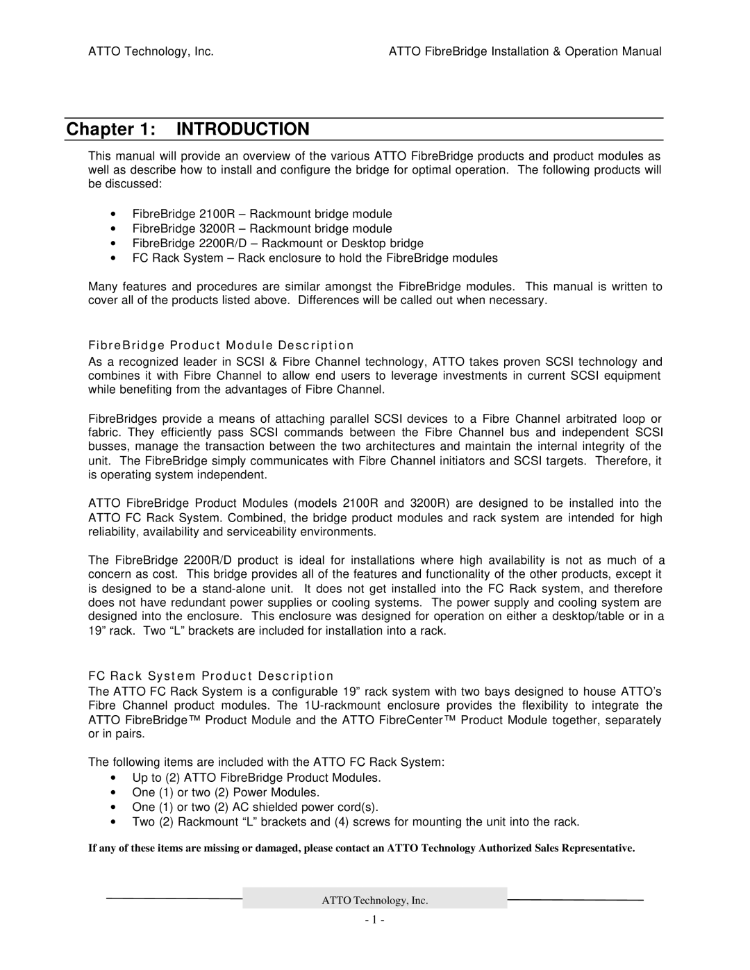 ATTO Technology 2100R manual Introduction, FibreBridge Product Module Description, FC Rack System Product Description 