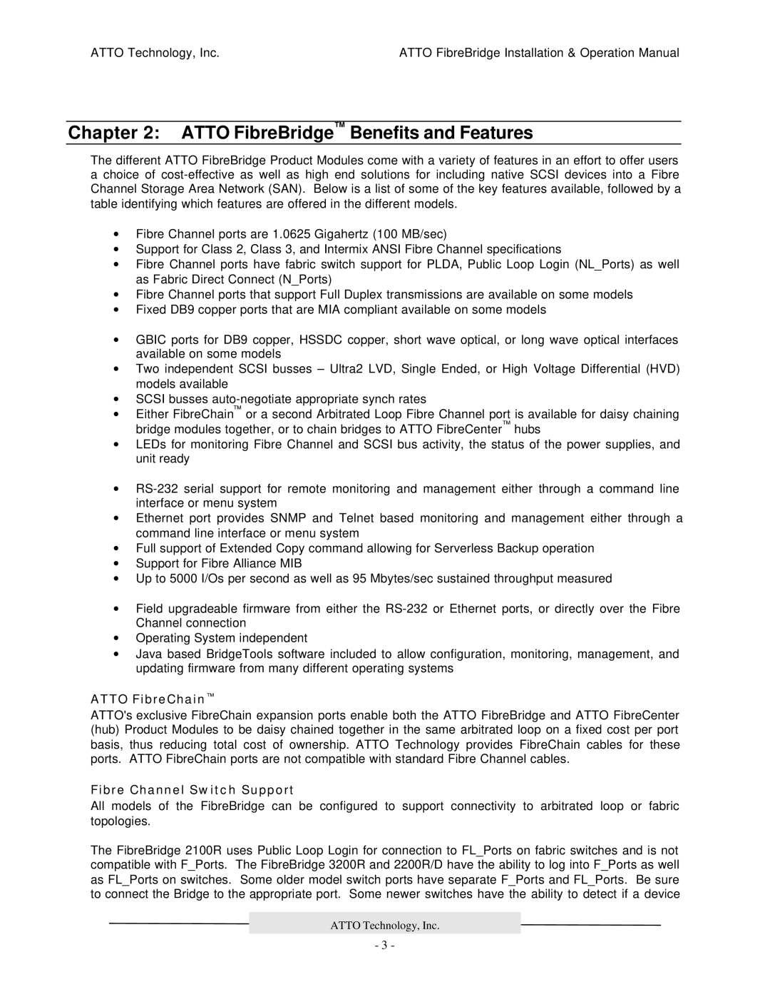 ATTO Technology 2100R manual Atto FibreBridge Benefits and Features, Atto FibreChain, Fibre Channel Switch Support 