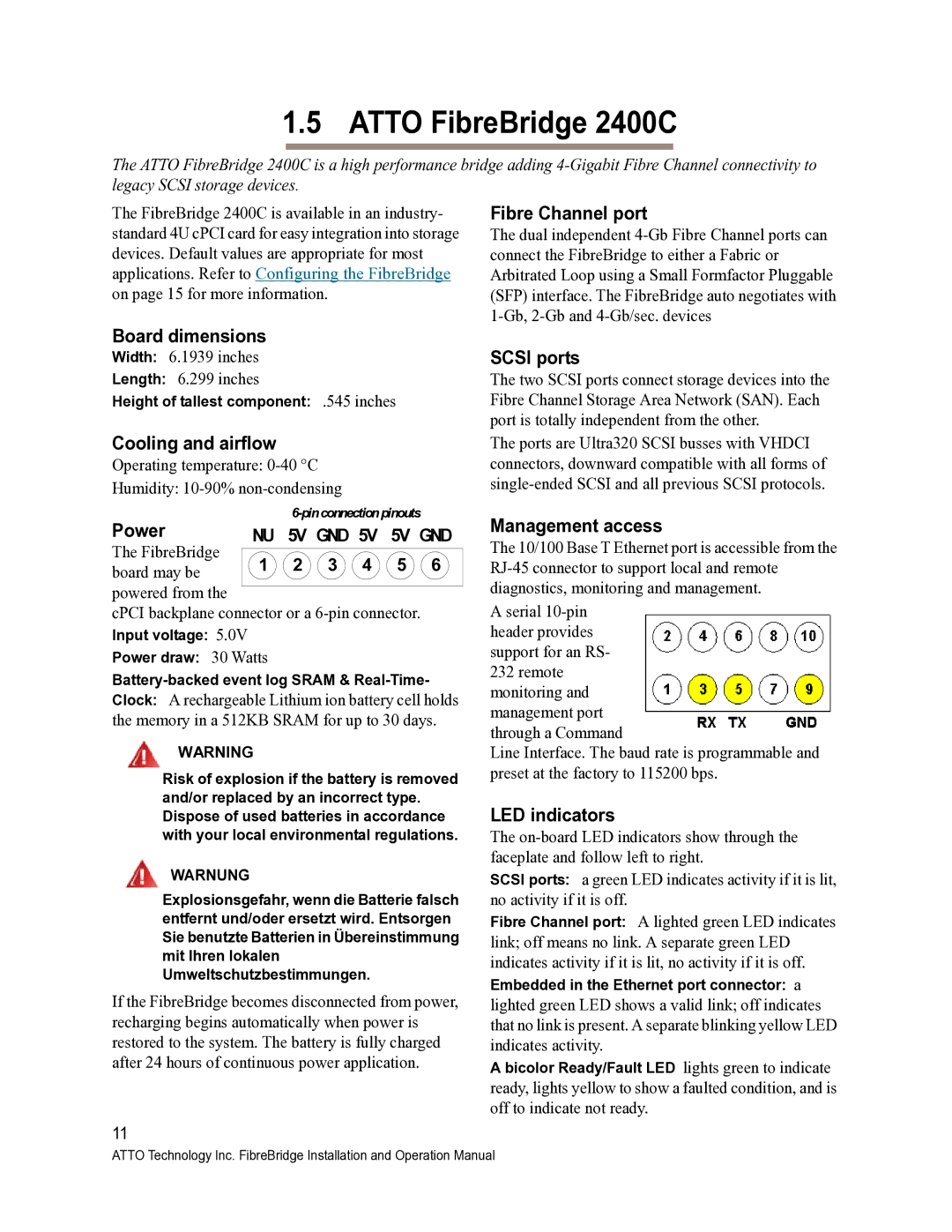 ATTO Technology 2390C/R/D, 2370E, 2400C/R/D operation manual Atto FibreBridge 2400C, Power 