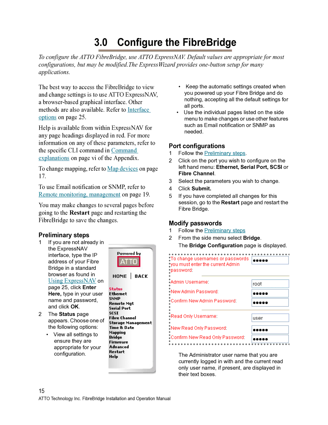 ATTO Technology 2400C/R/D, 2370E Configure the FibreBridge, Preliminary steps, Port configurations, Modify passwords 