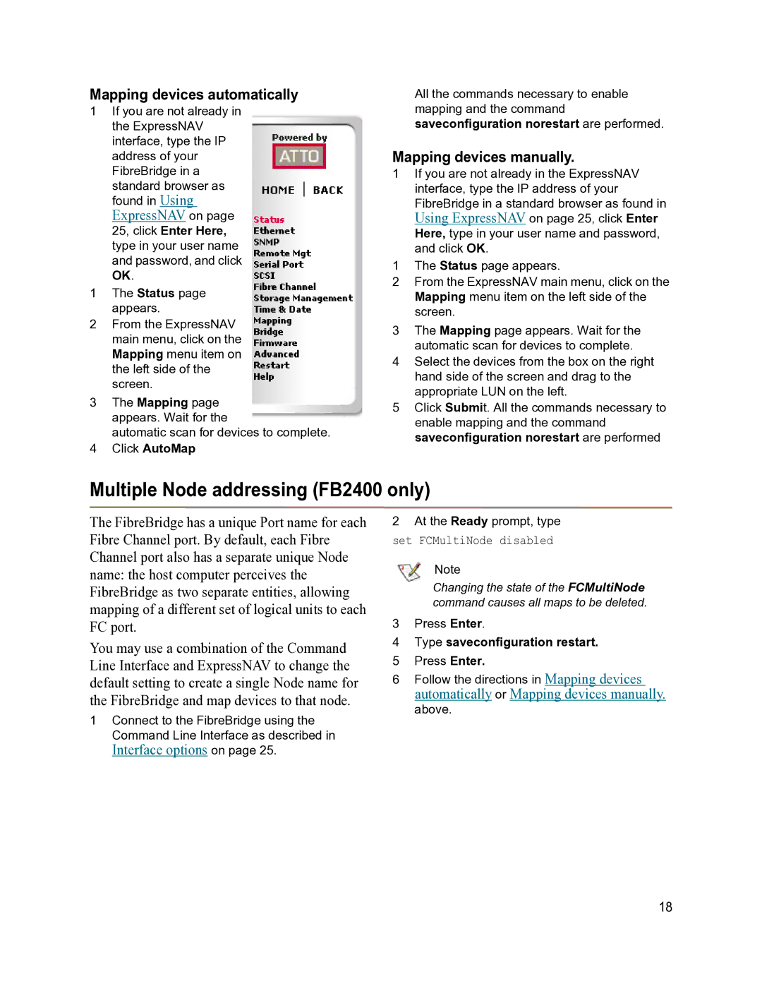 ATTO Technology 2400C/R/D Multiple Node addressing FB2400 only, Mapping devices automatically, Mapping devices manually 