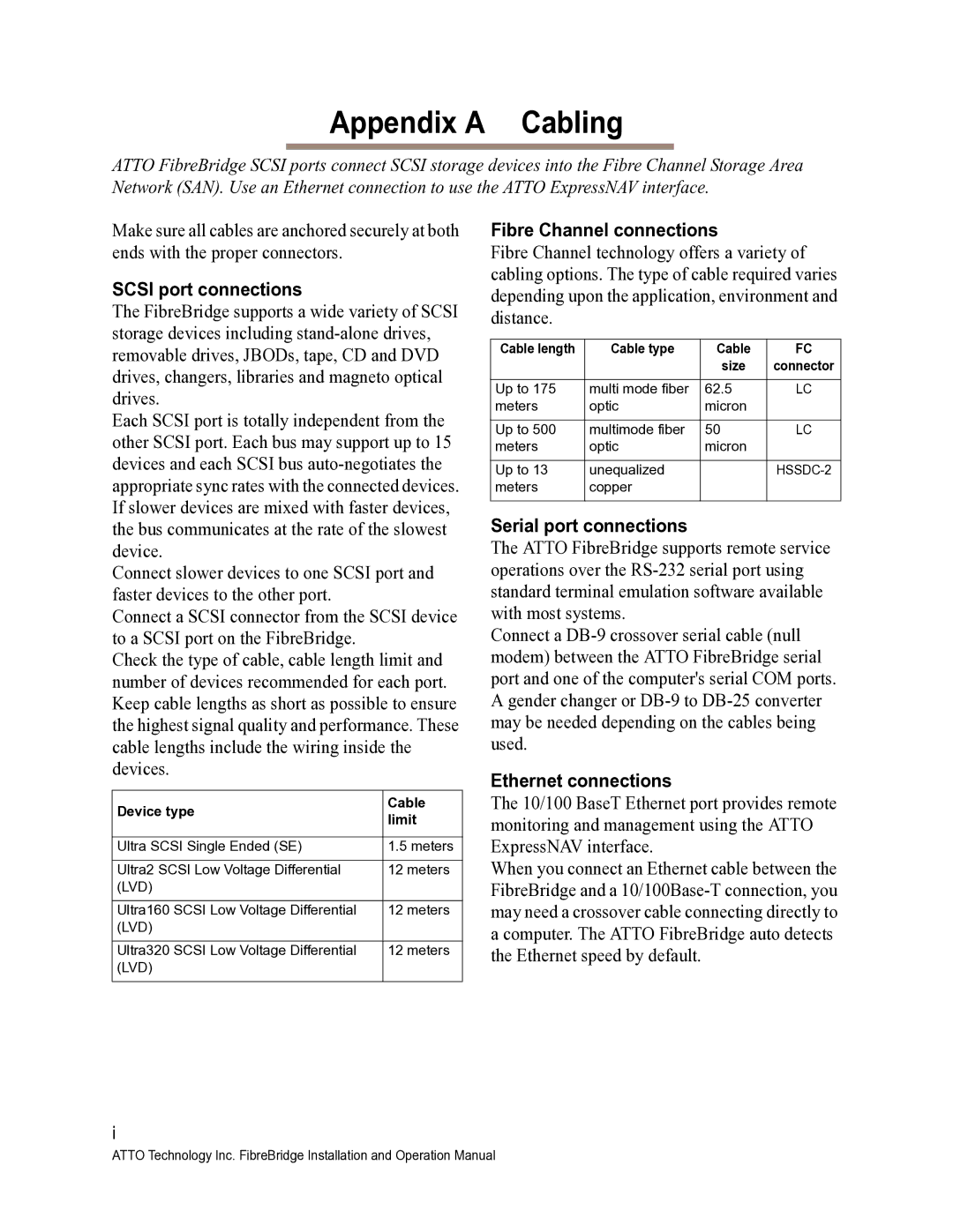 ATTO Technology 2400C/R/D Appendix a Cabling, Scsi port connections, Fibre Channel connections, Serial port connections 