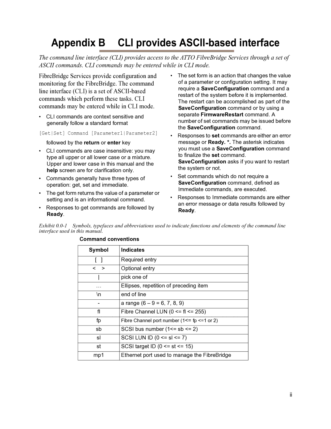 ATTO Technology 2370E, 2390C/R/D Appendix B CLI provides ASCII-based interface, Command conventions Symbol Indicates 