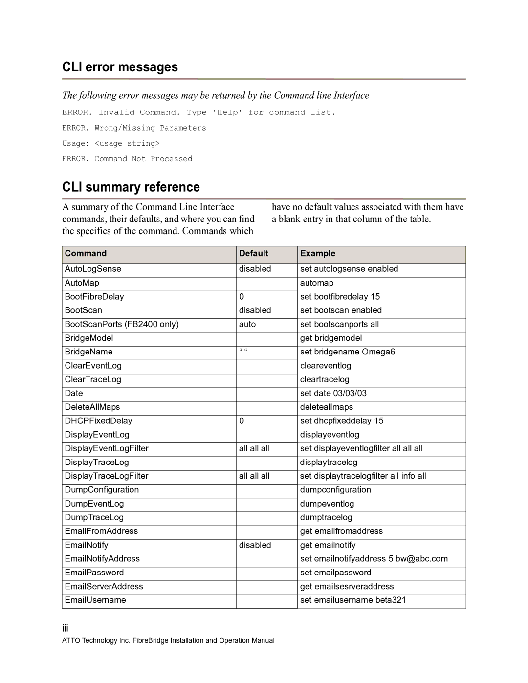 ATTO Technology 2390C/R/D, 2370E, 2400C/R/D CLI error messages, CLI summary reference, Command Default Example 