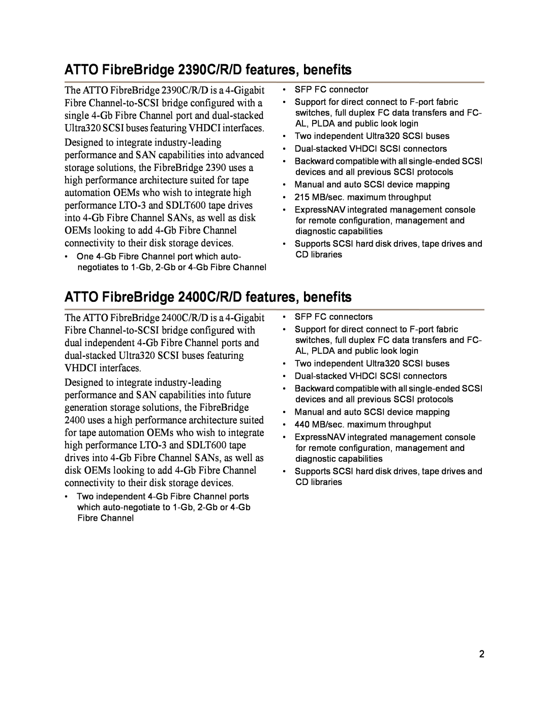 ATTO Technology 2370E ATTO FibreBridge 2390C/R/D features, benefits, ATTO FibreBridge 2400C/R/D features, benefits 
