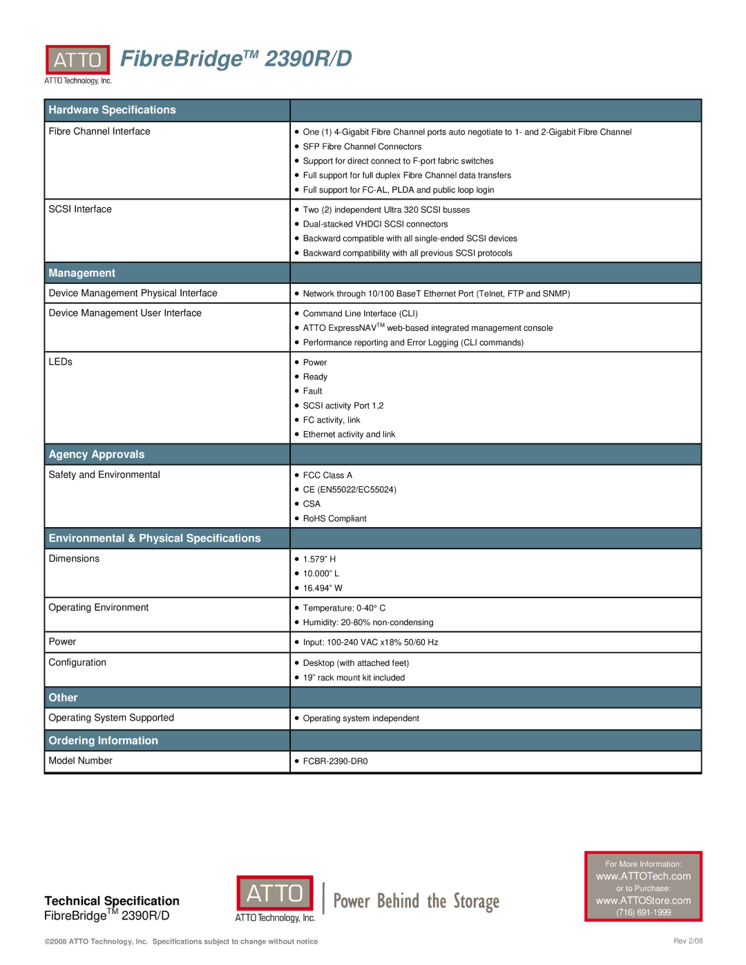 ATTO Technology 2390R/D Hardware Specifications, Management, Agency Approvals, Environmental & Physical Specifications 