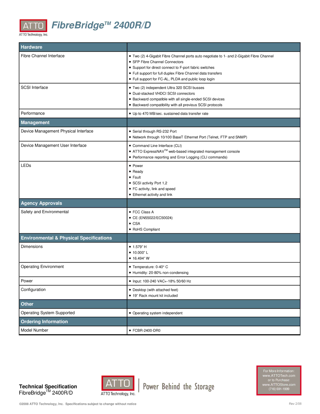 ATTO Technology 2400R/D warranty Hardware, Management, Agency Approvals, Environmental & Physical Specifications, Other 