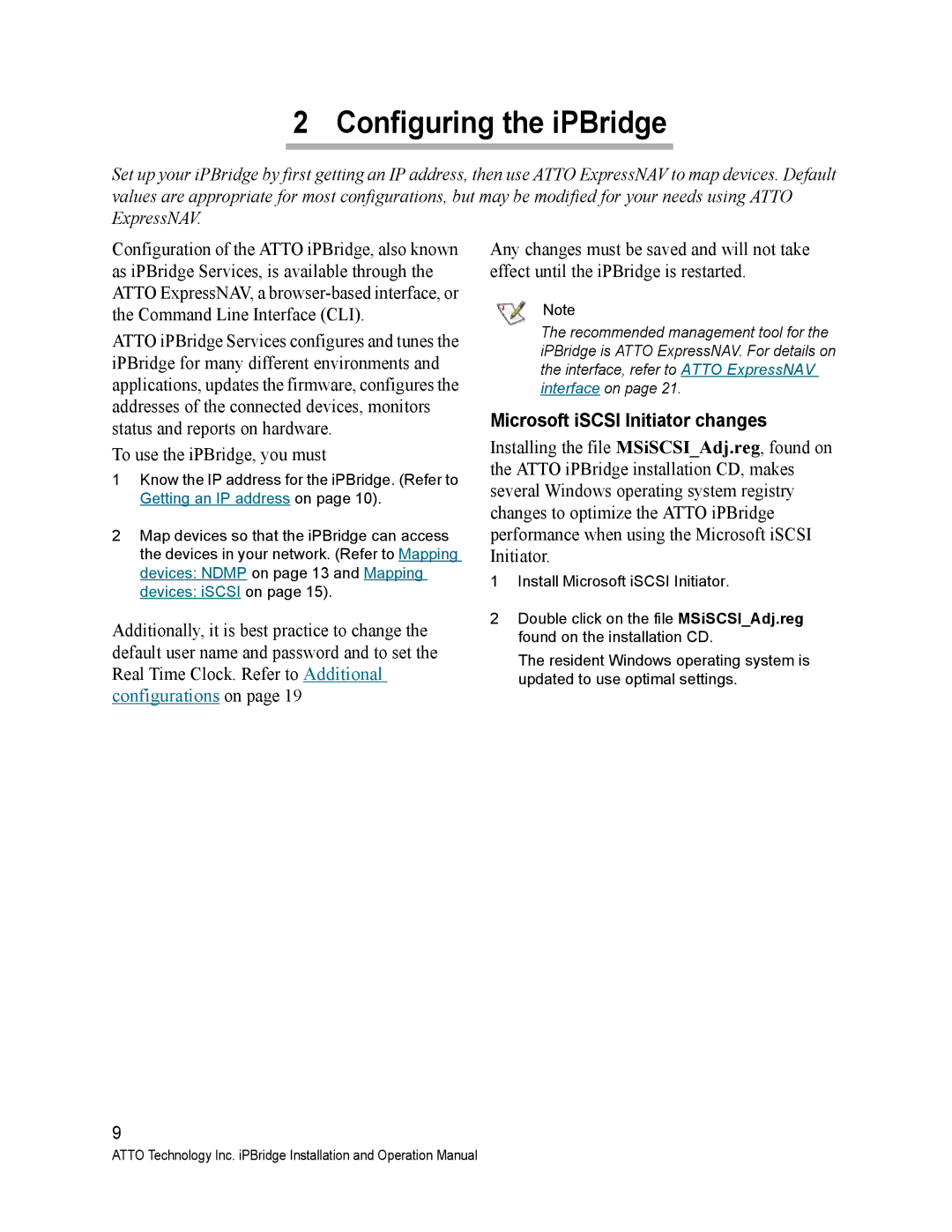 ATTO Technology 2500C operation manual Configuring the iPBridge, Microsoft iSCSI Initiator changes 