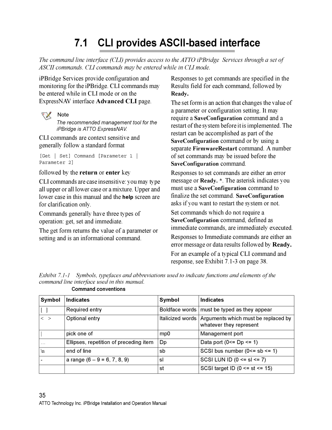 ATTO Technology 2500C operation manual CLI provides ASCII-based interface, Command conventions Symbol Indicates 