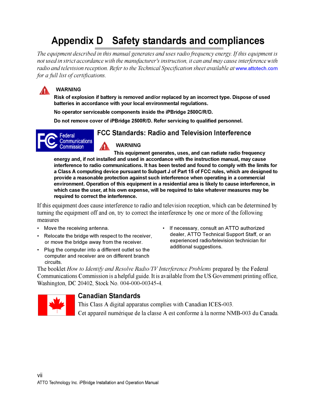 ATTO Technology 2500C Appendix D Safety standards and compliances, FCC Standards Radio and Television Interference 