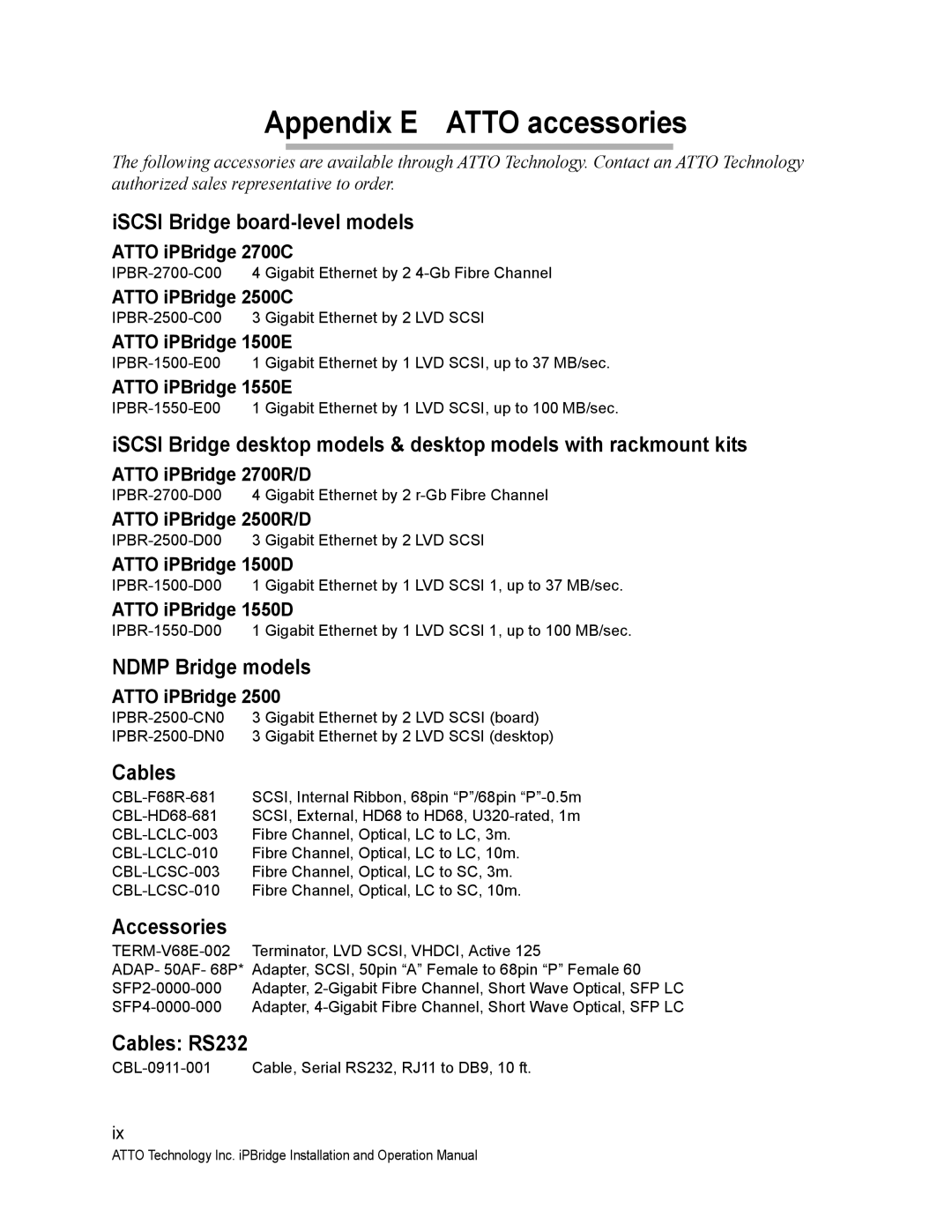 ATTO Technology 2500C operation manual Appendix E Atto accessories 