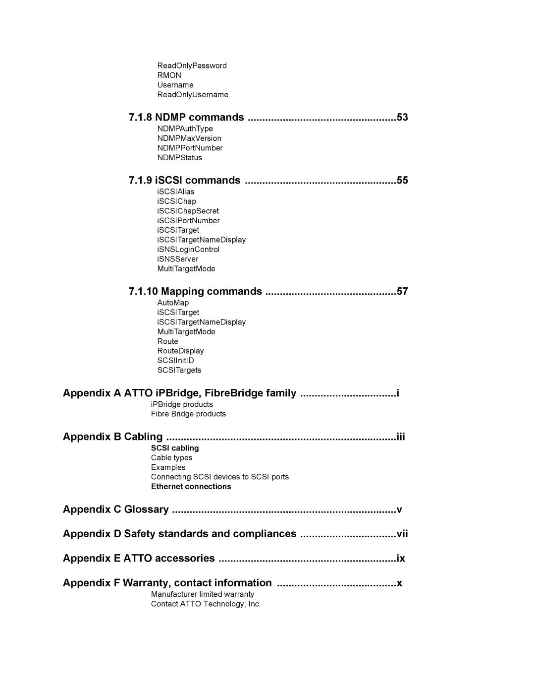 ATTO Technology 2500C Ndmp commands, ISCSI commands, Mapping commands, Appendix a Atto iPBridge, FibreBridge family 