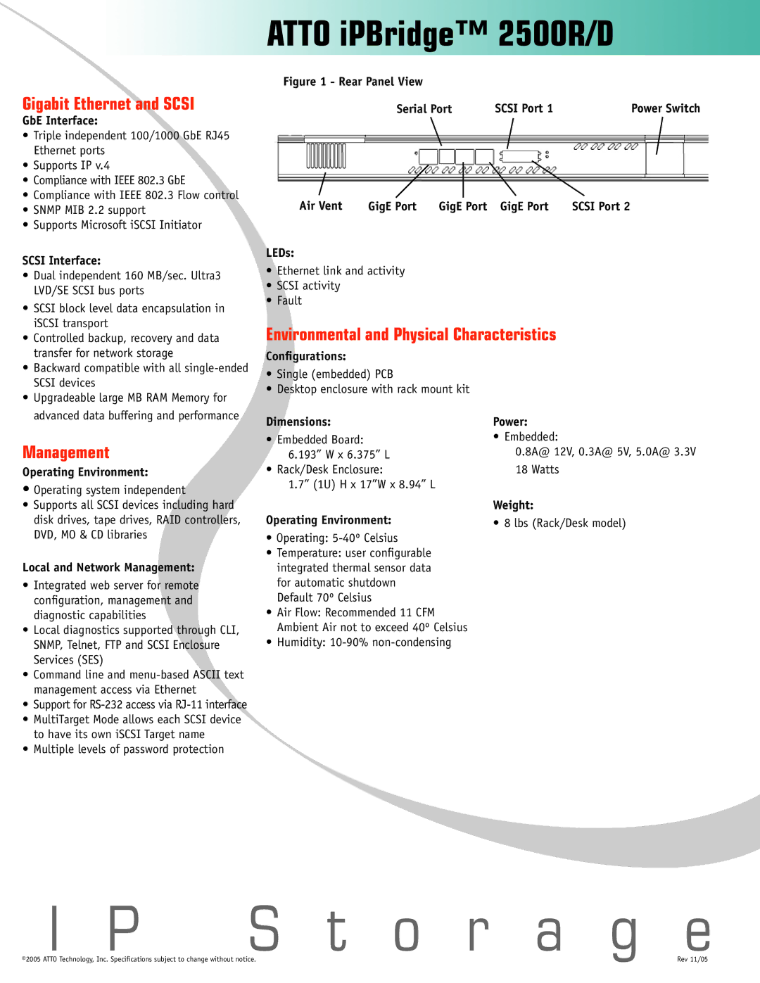 ATTO Technology 2500R/D manual Gigabit Ethernet and Scsi, Environmental and Physical Characteristics, Management 