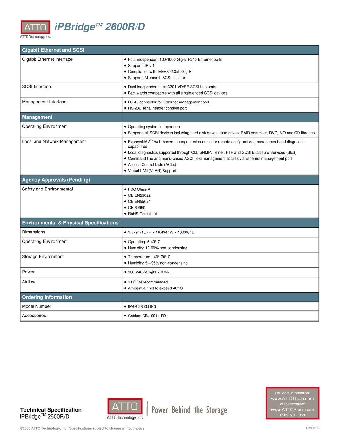 ATTO Technology 2600R/D warranty Gigabit Ethernet and Scsi, Management, Agency Approvals Pending, Ordering Information 