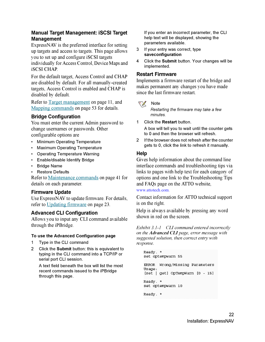 ATTO Technology 2700C Manual Target Management iSCSI Target Management, Bridge Configuration, Firmware Update, Help 