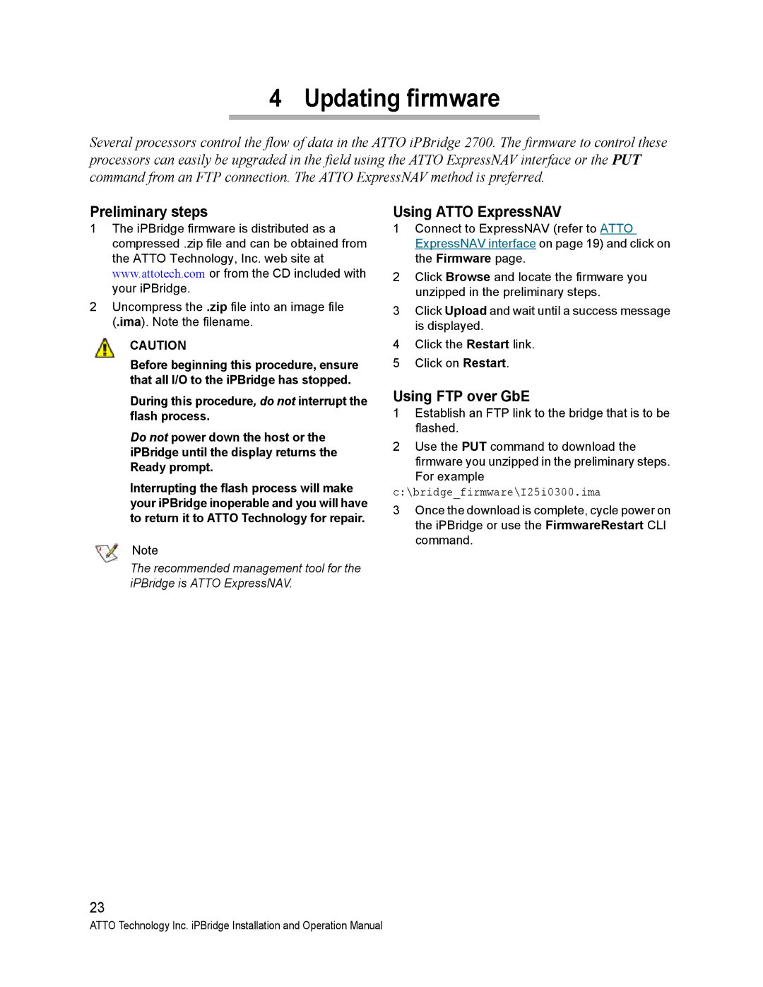 ATTO Technology 2700C operation manual Updating firmware, Preliminary steps, Using Atto ExpressNAV, Using FTP over GbE 