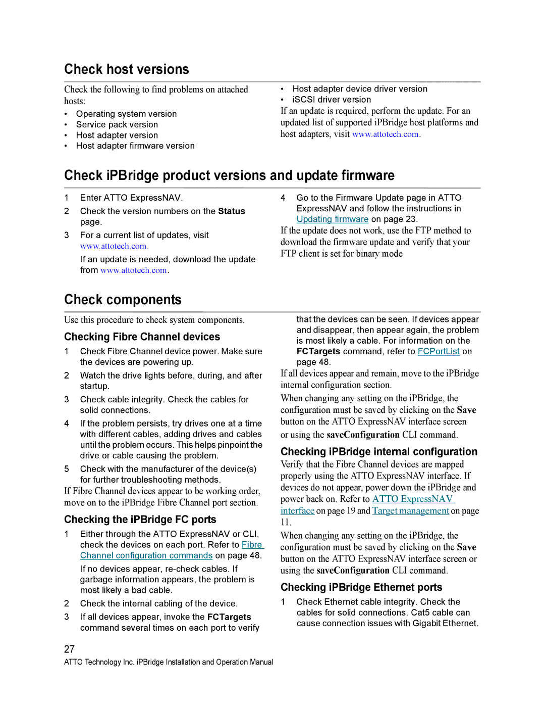 ATTO Technology 2700C Check host versions, Check iPBridge product versions and update firmware, Check components 