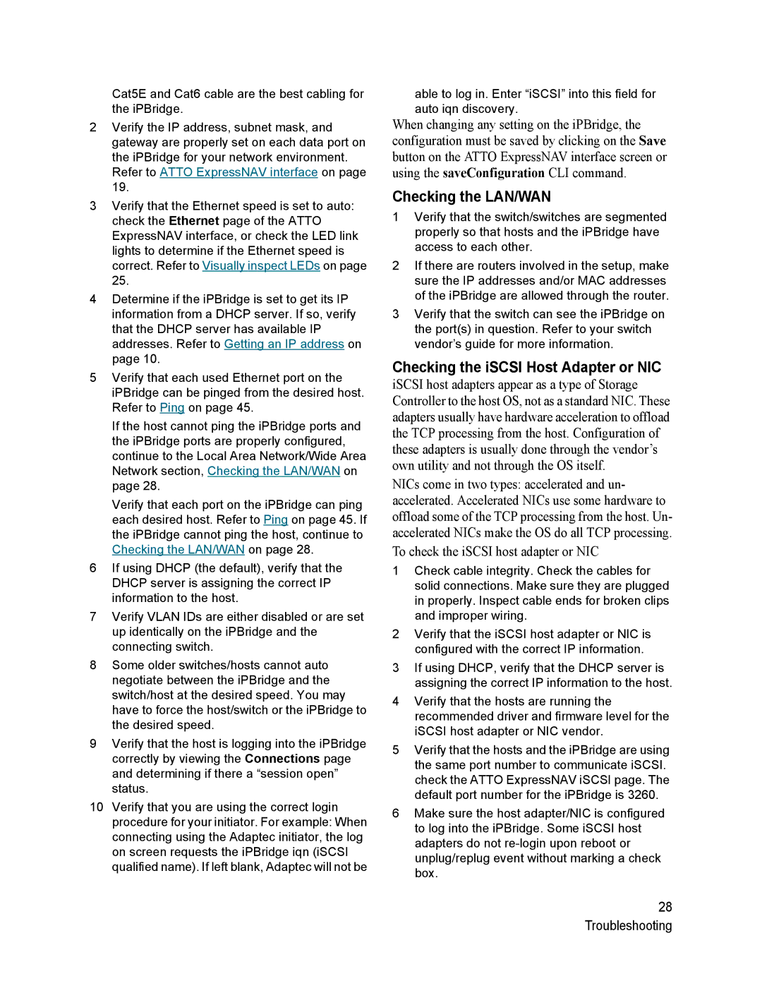 ATTO Technology 2700C operation manual Checking the LAN/WAN, Checking the iSCSI Host Adapter or NIC 