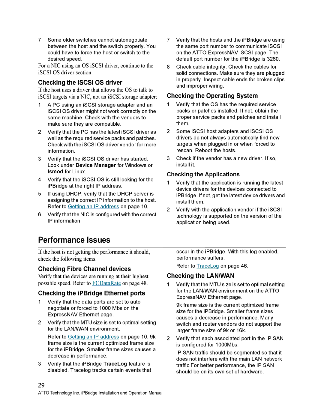 ATTO Technology 2700C operation manual Performance Issues, Checking the iSCSI OS driver, Checking the Operating System 