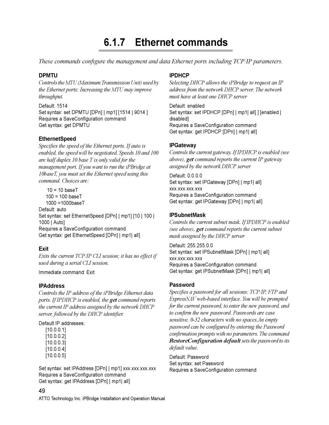 ATTO Technology 2700C operation manual Ethernet commands 