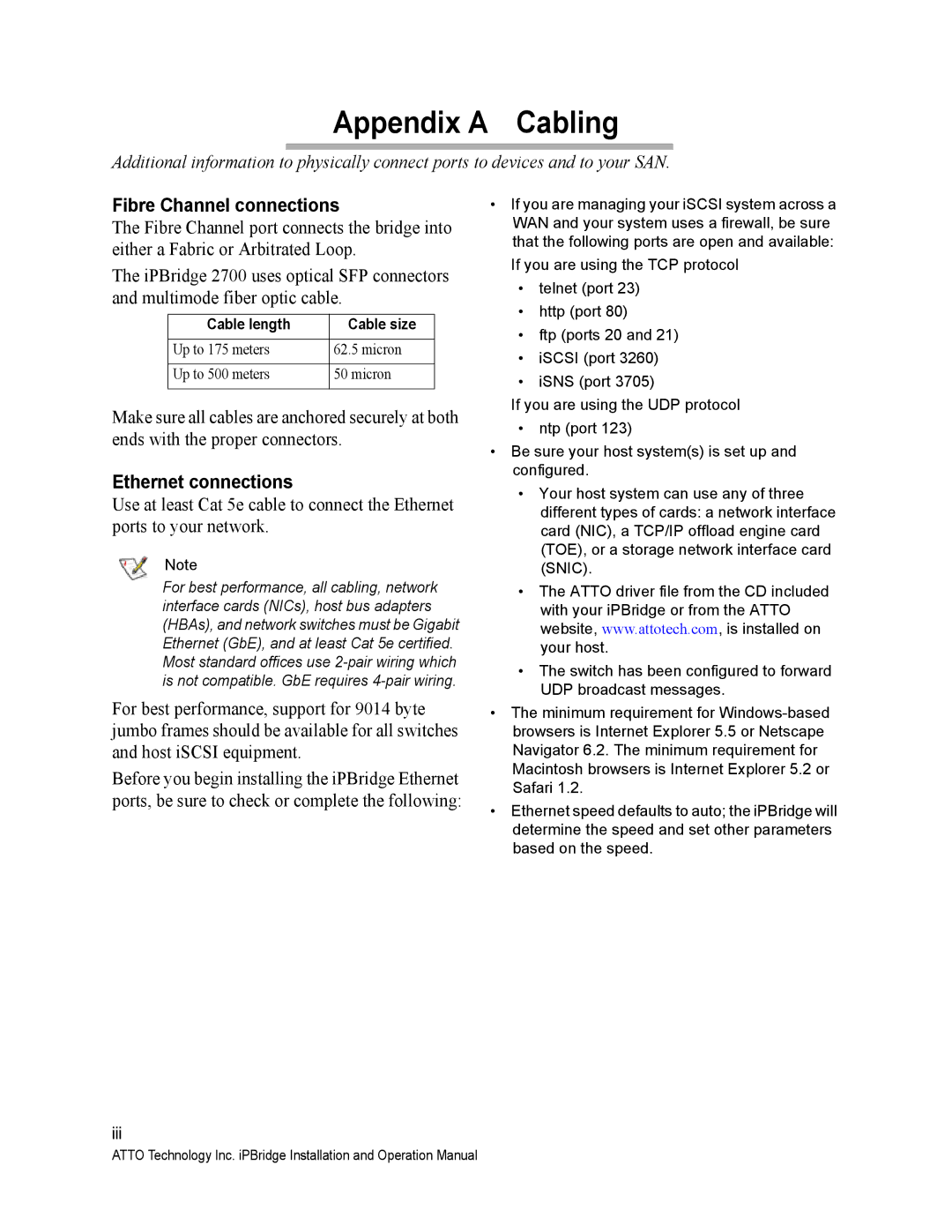 ATTO Technology 2700C Appendix a Cabling, Fibre Channel connections, Ethernet connections, Cable length Cable size 