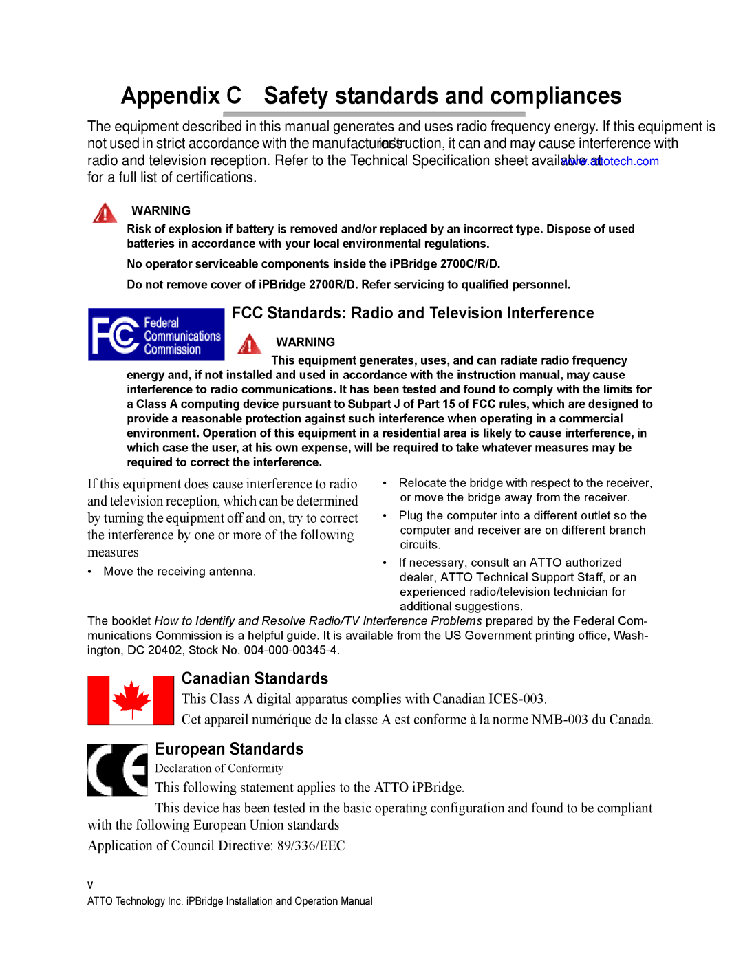 ATTO Technology 2700C Appendix C Safety standards and compliances, FCC Standards Radio and Television Interference 