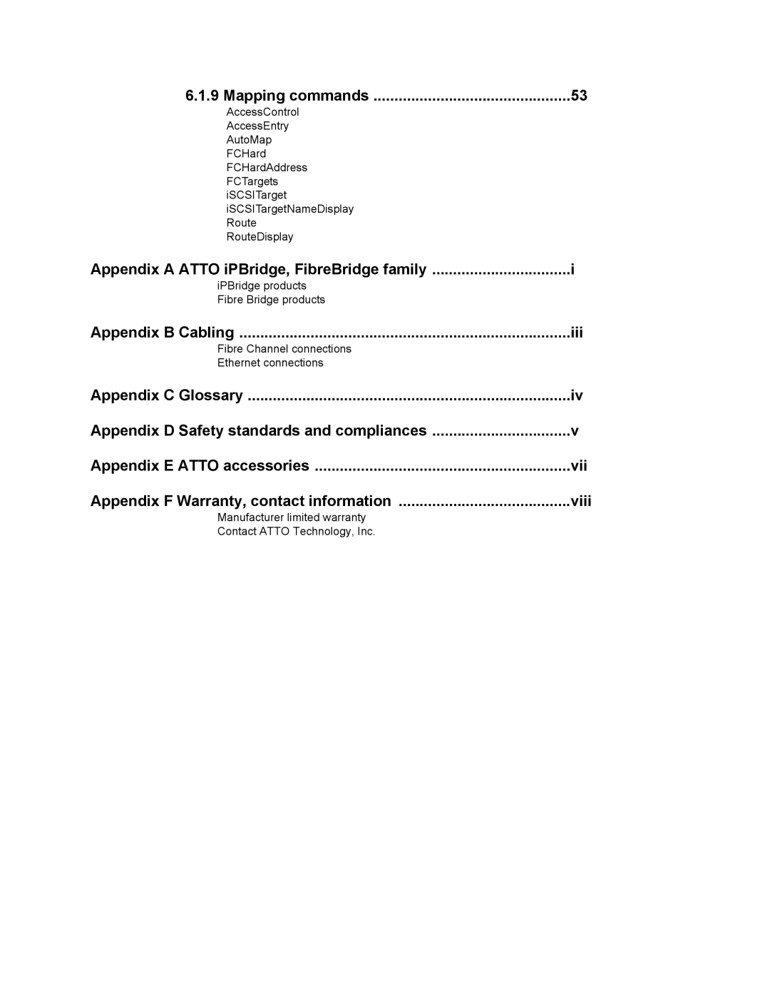 ATTO Technology 2700C Mapping commands, Appendix a Atto iPBridge, FibreBridge family, Appendix B Cabling Iii 