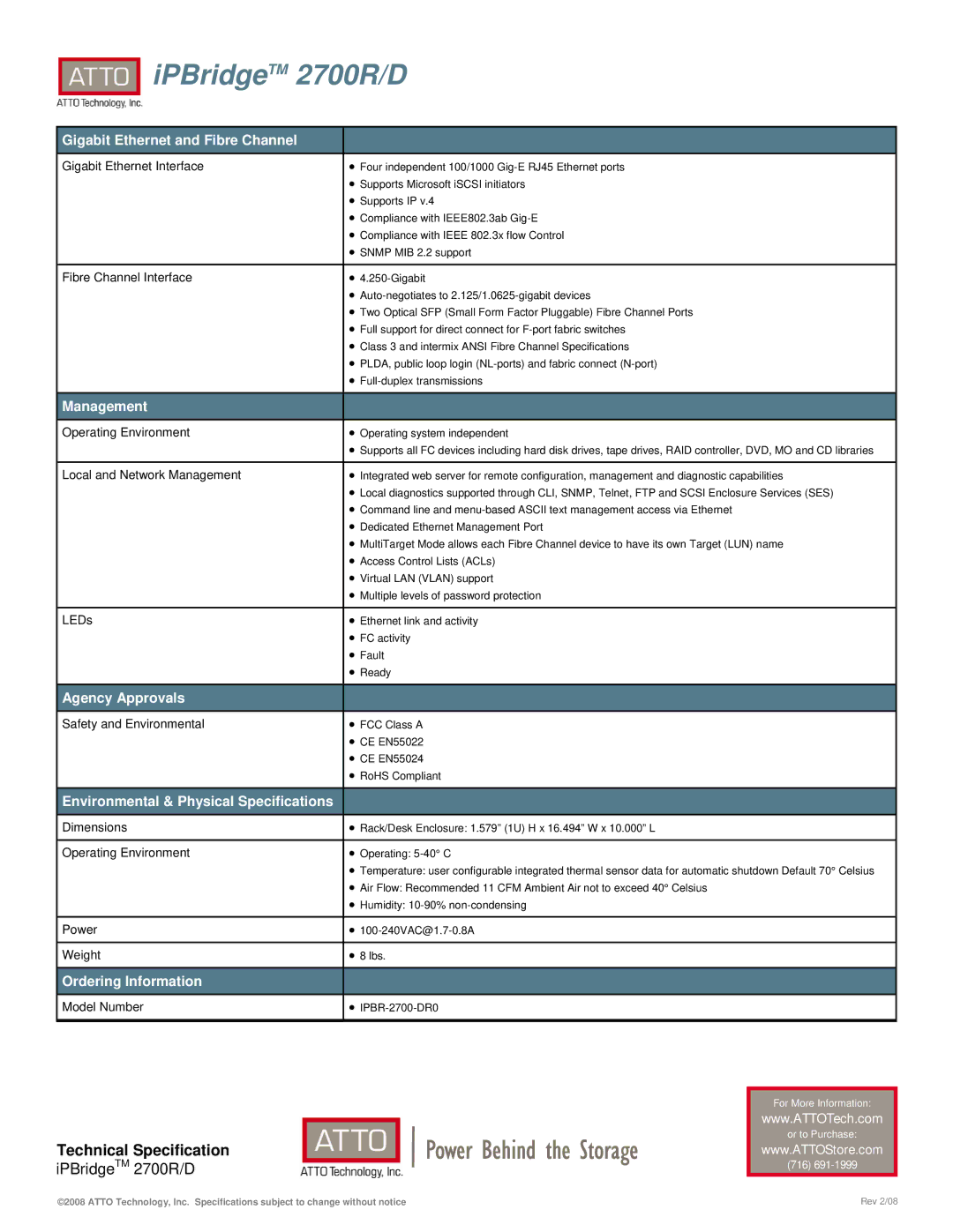 ATTO Technology 2700R/D warranty Gigabit Ethernet and Fibre Channel, Management, Agency Approvals, Ordering Information 