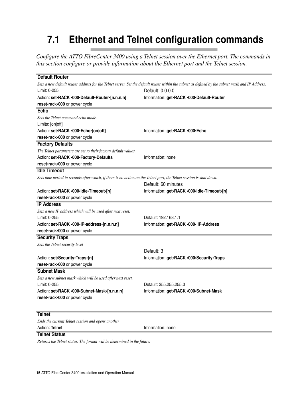 ATTO Technology 3400 operation manual Ethernet and Telnet configuration commands 