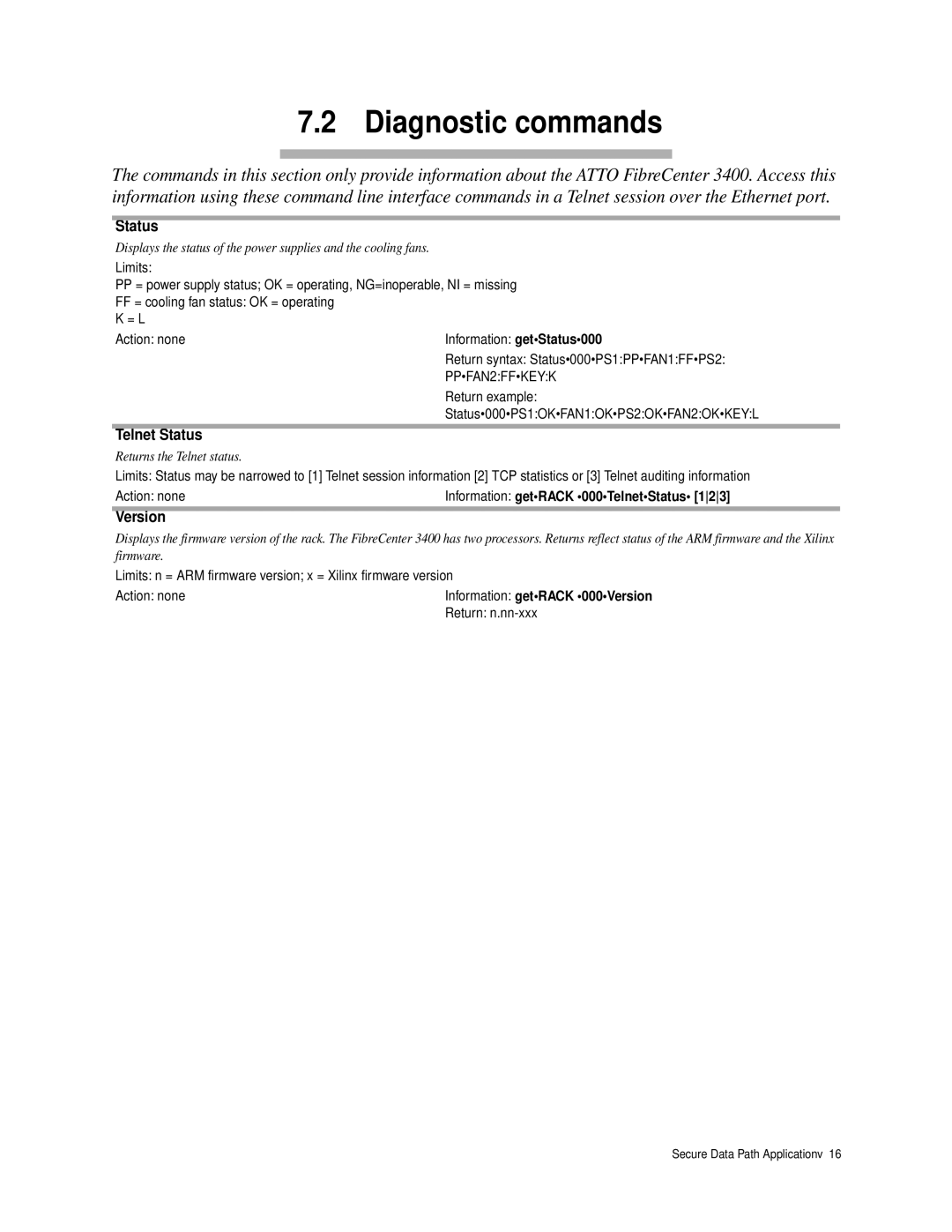 ATTO Technology 3400 operation manual Diagnostic commands, Status, Version 