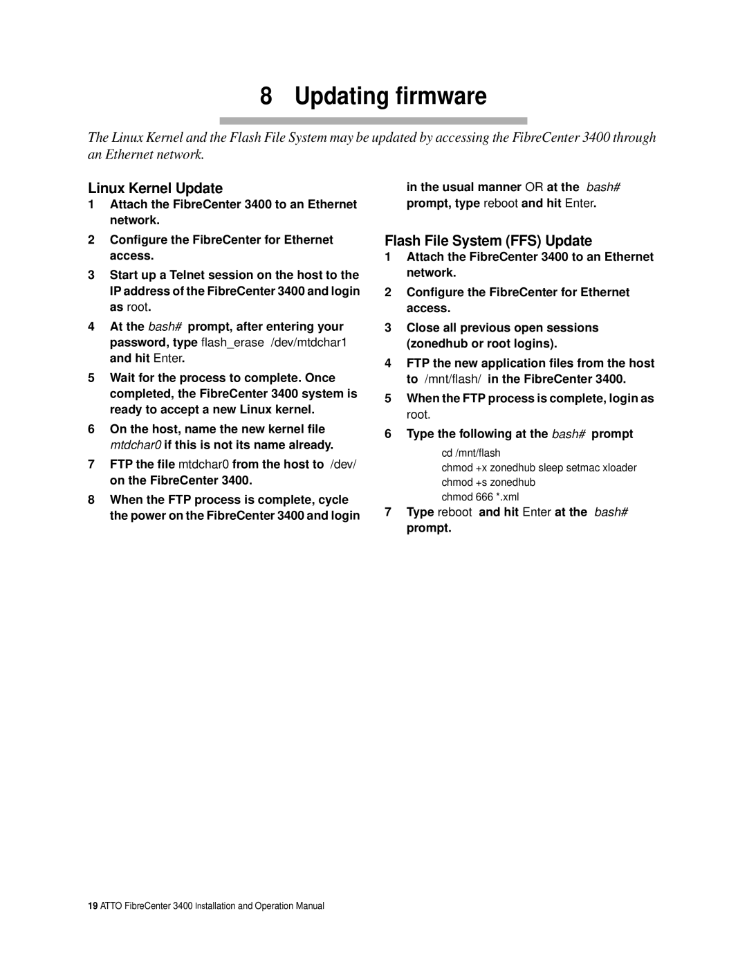 ATTO Technology 3400 operation manual Updating firmware, Linux Kernel Update, Flash File System FFS Update 