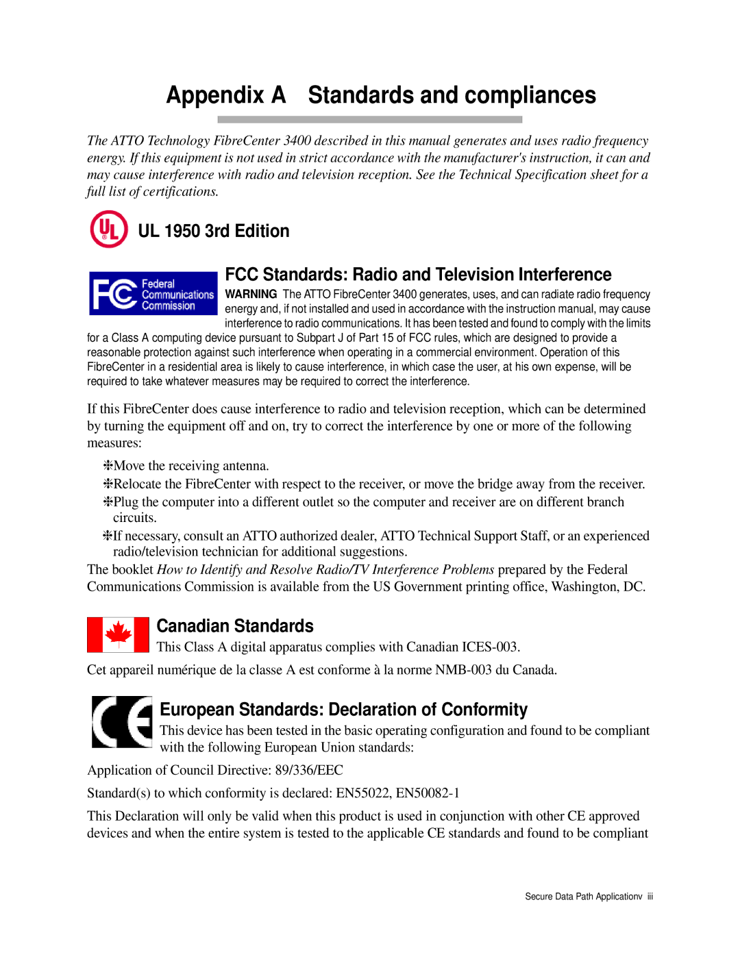 ATTO Technology 3400 operation manual Appendix a Standards and compliances, Canadian Standards 