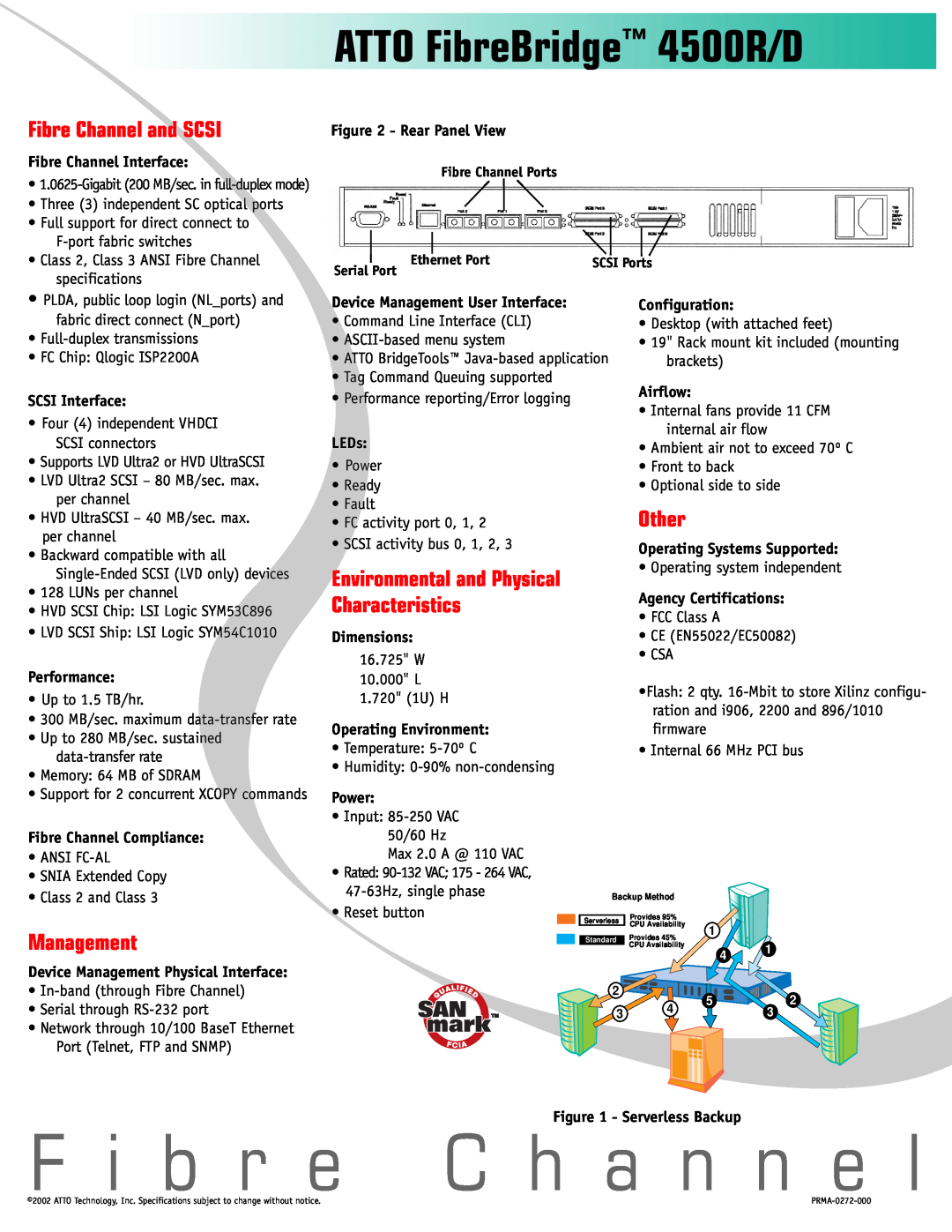 ATTO Technology manual F i b r e C h a n n e l, ATTO FibreBridge 4500R/D, Fibre Channel and SCSI, Management, Other 