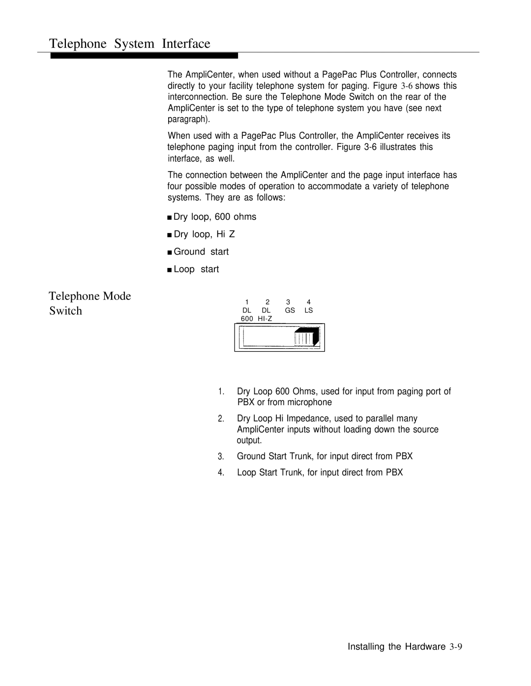 ATTO Technology 463-248-202 manual Telephone System Interface, Telephone Mode Switch 