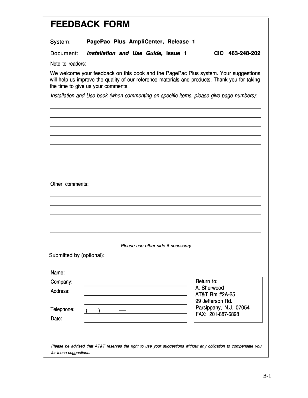 ATTO Technology 463-248-202 manual Feedback Form, System PagePac Plus AmpliCenter, Release 