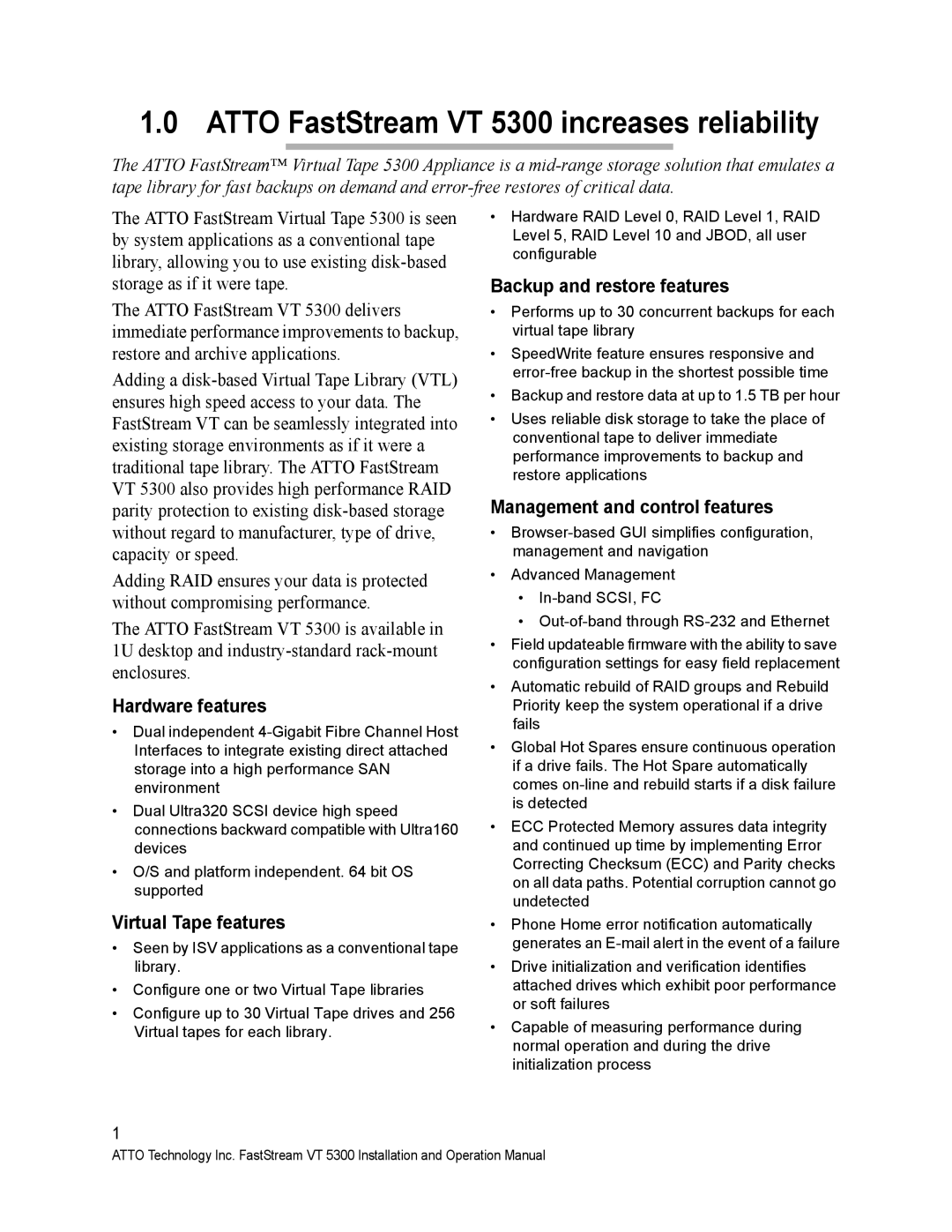 ATTO Technology operation manual Atto FastStream VT 5300 increases reliability, Hardware features, Virtual Tape features 