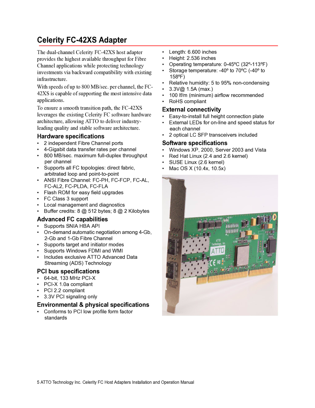 ATTO Technology FC-41EL, FC-21PS, FC-41ES operation manual Celerity FC-42XS Adapter, PCI bus specifications 