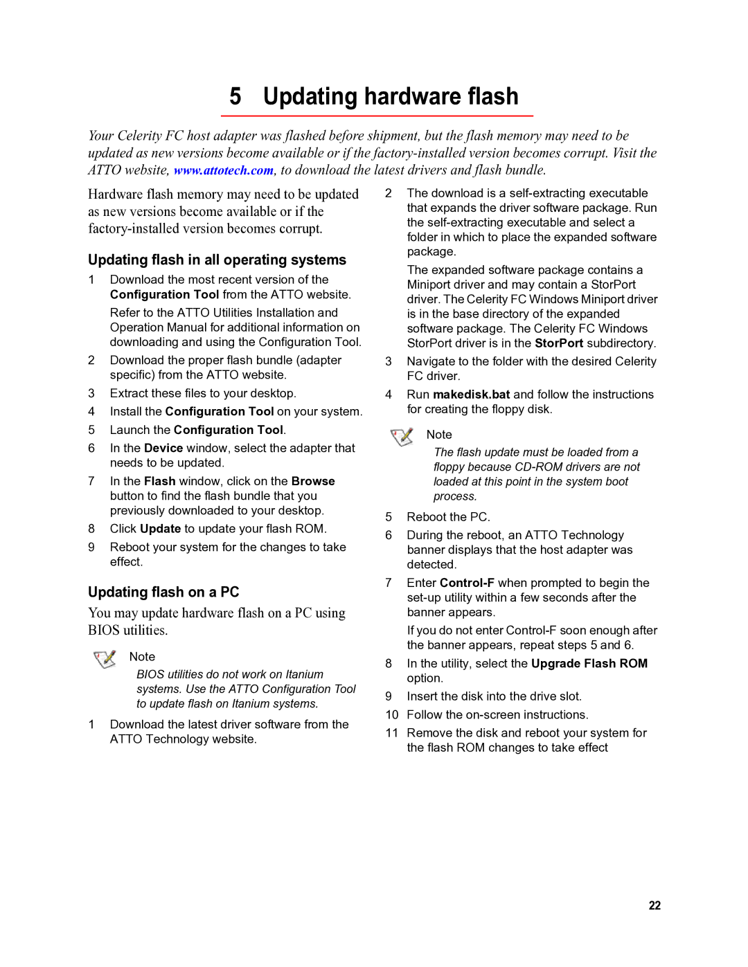 ATTO Technology FC-21PS, FC-41EL Updating hardware flash, Updating flash in all operating systems, Updating flash on a PC 