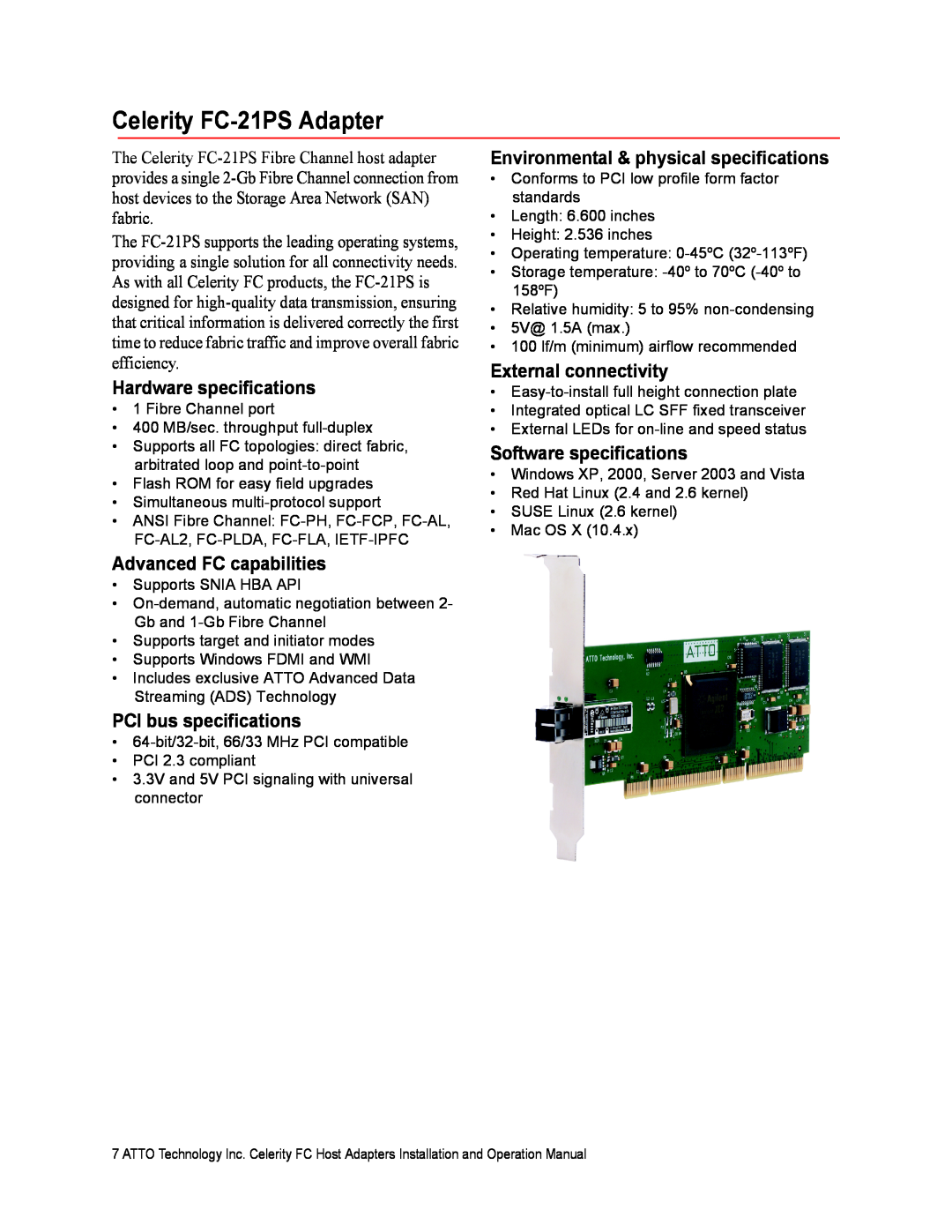 ATTO Technology Celerity FC-21PS Adapter, Hardware specifications, Advanced FC capabilities, PCI bus specifications 