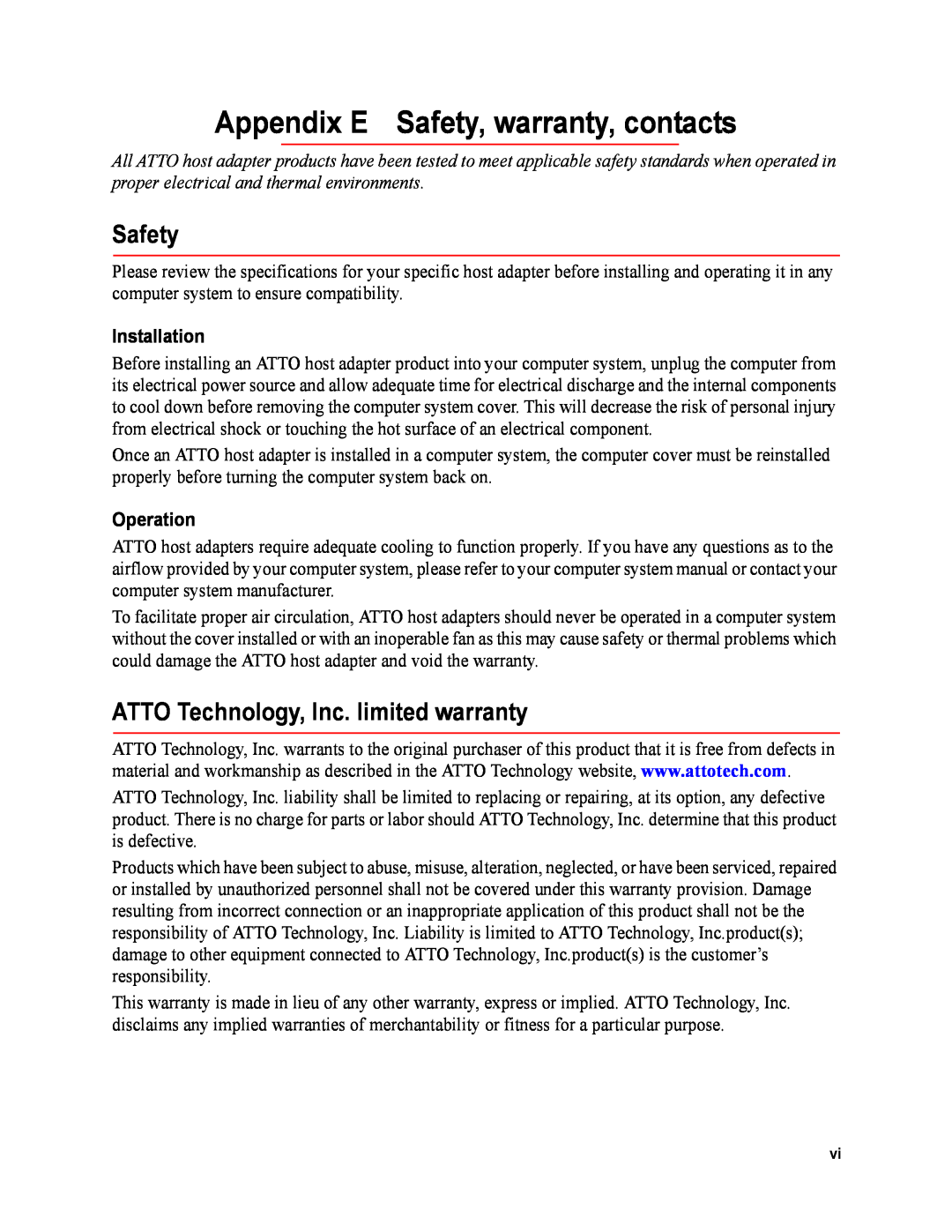 ATTO Technology FC-41ES Appendix E Safety, warranty, contacts, ATTO Technology, Inc. limited warranty, Installation 