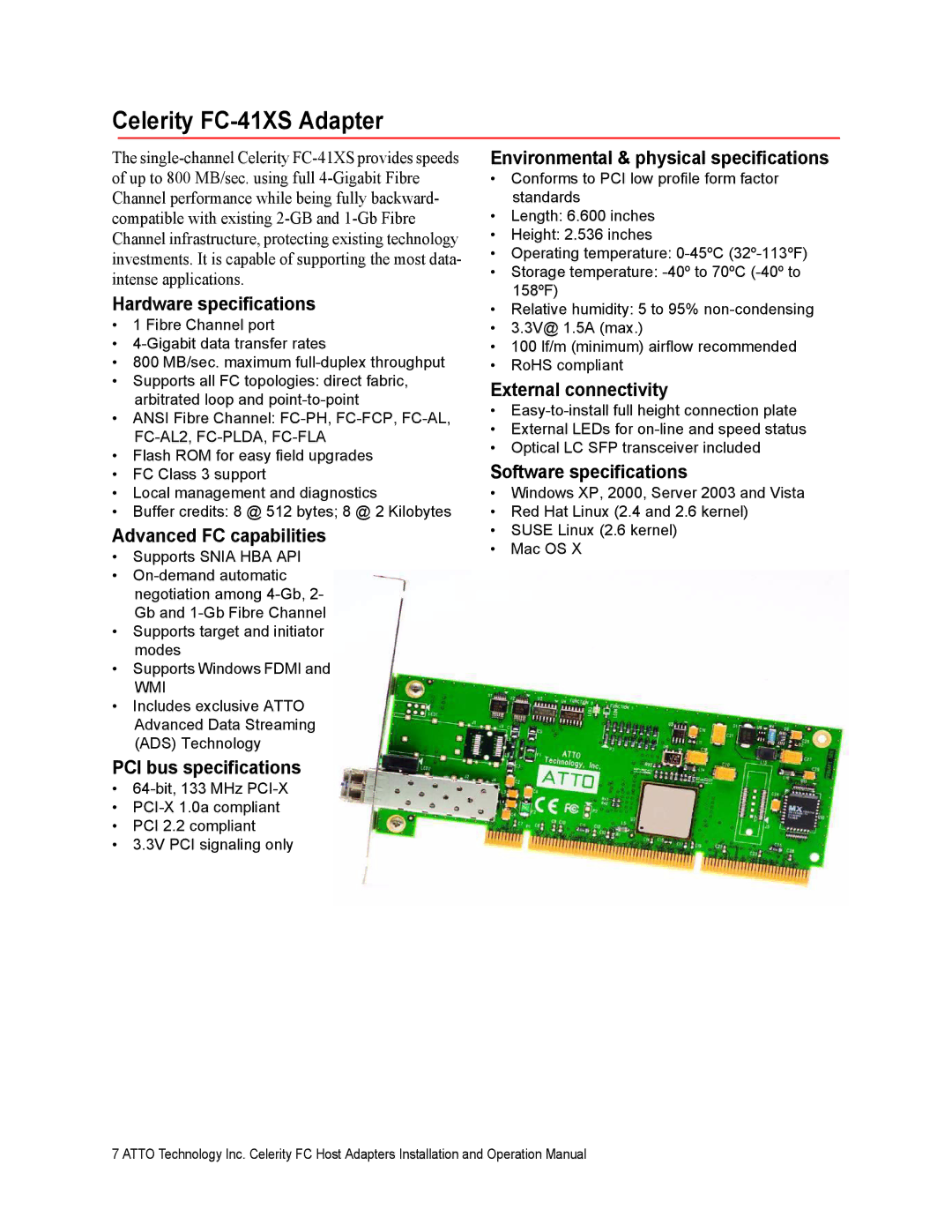 ATTO Technology FC-42ES, FC-21PS, FC-42XS, FC-44ES, FC-41ES, FC-41EN, FC-42EN operation manual Celerity FC-41XS Adapter 