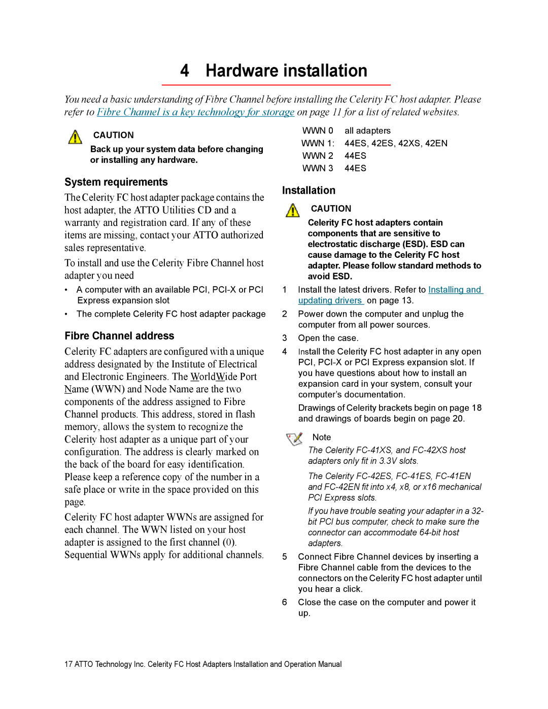 ATTO Technology FC-41EN, FC-21PS, FC-42XS Hardware installation, System requirements, Fibre Channel address, Installation 