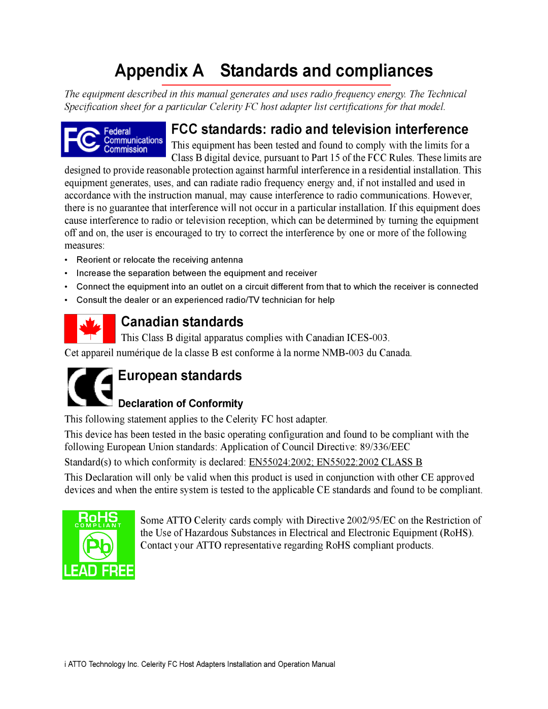 ATTO Technology FC-21PS, FC-42XS Appendix a Standards and compliances, FCC standards radio and television interference 