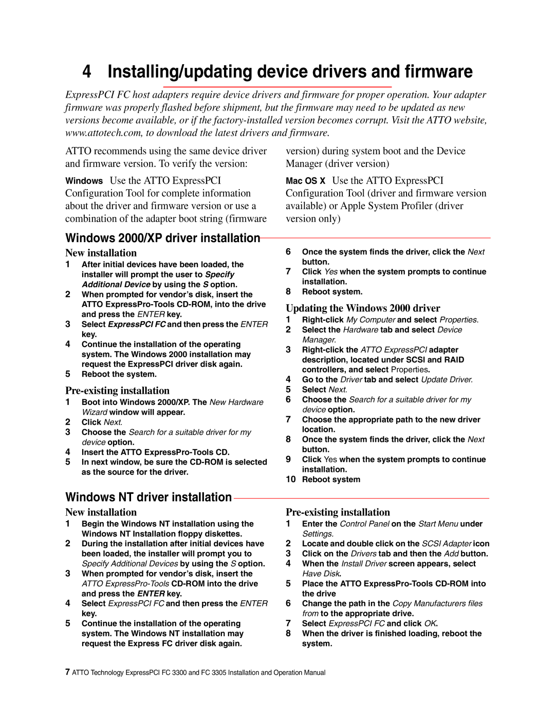 ATTO Technology FC 3300, FC 3305 Installing/updating device drivers and firmware, Windows 2000/XP driver installation 