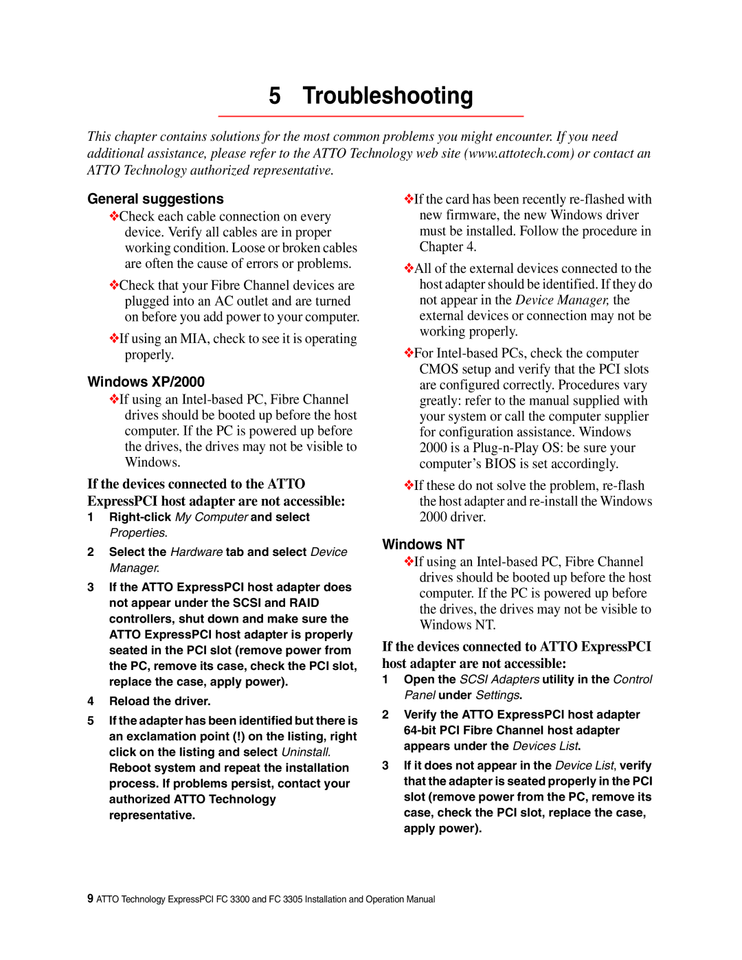 ATTO Technology FC 3300, FC 3305 operation manual Troubleshooting, General suggestions, Windows XP/2000, Windows NT 