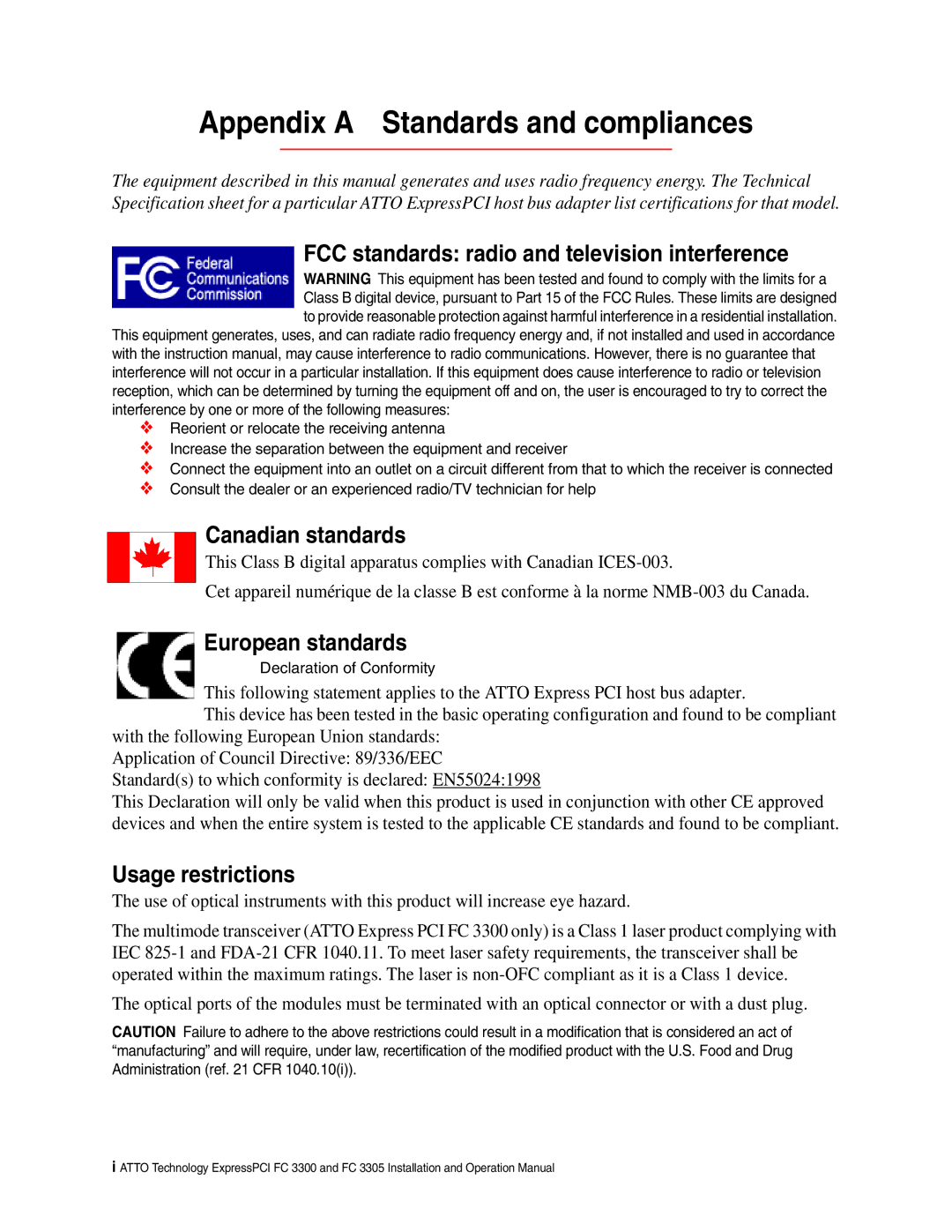 ATTO Technology FC 3300, FC 3305 Appendix a Standards and compliances, FCC standards radio and television interference 