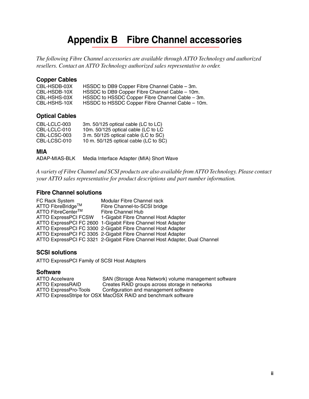 ATTO Technology FC 3305, FC 3300 operation manual Appendix B Fibre Channel accessories 