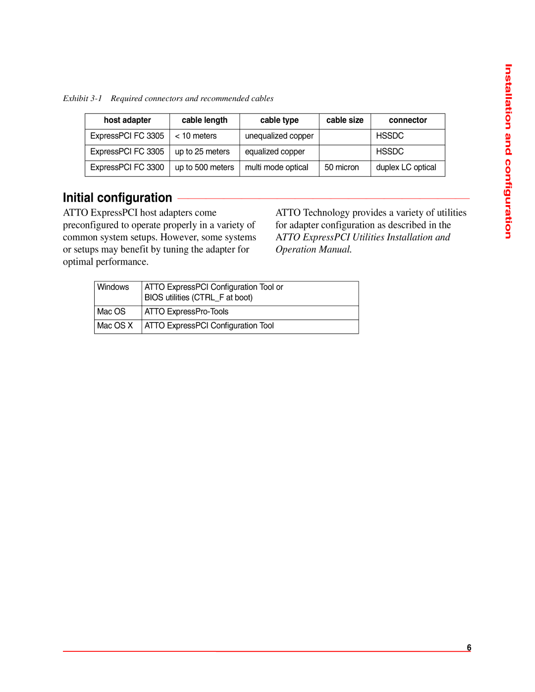 ATTO Technology FC 3305, FC 3300 operation manual Host adapter Cable length Cable type Cable size Connector, Hssdc 