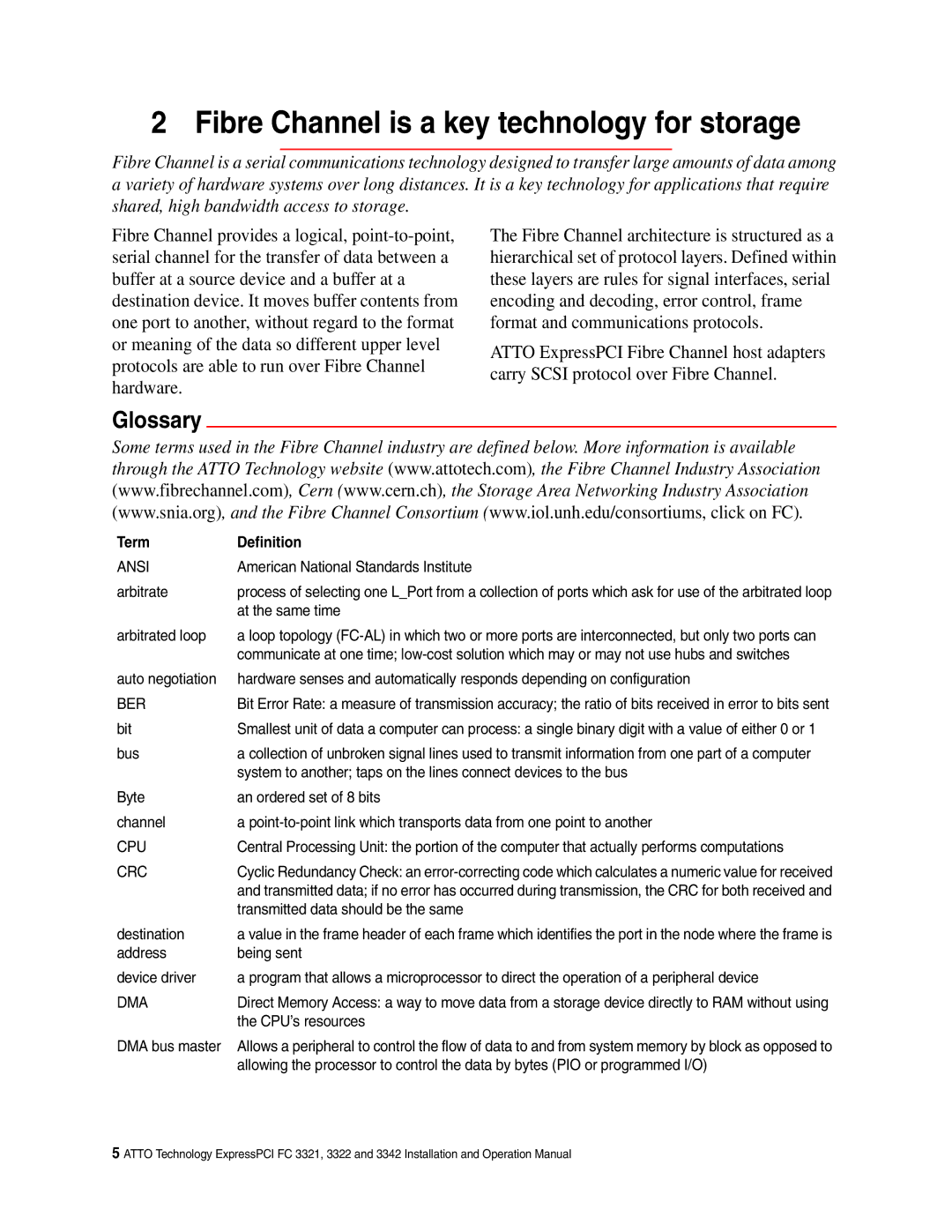 ATTO Technology FC 3321, FC 3322, FC 3342 operation manual Fibre Channel is a key technology for storage, Glossary 